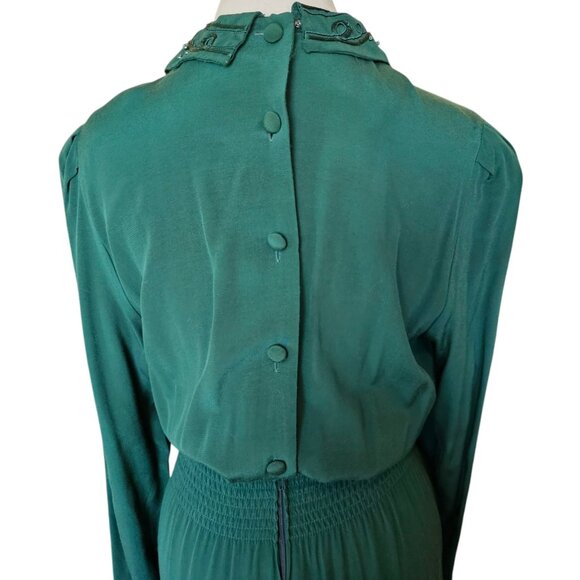 80s Womens Green Maxi Dress Pleated Collar Beaded Blouson Secretary Sz 8 Rayon - Picture 8 of 11